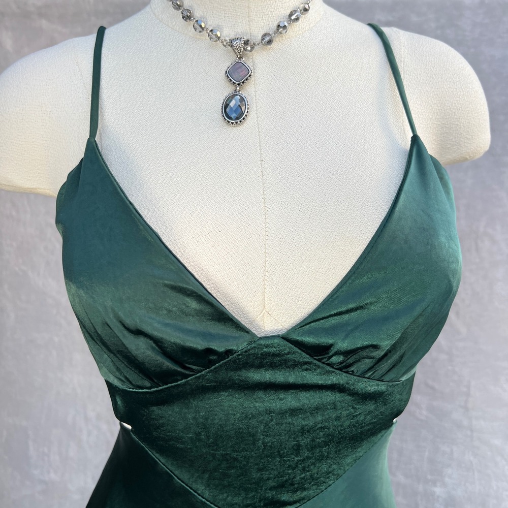 Here Comes The Sun Emerald Green Satin Midi Slip Dress Size S Cutout Cocktail - Picture 4 of 16